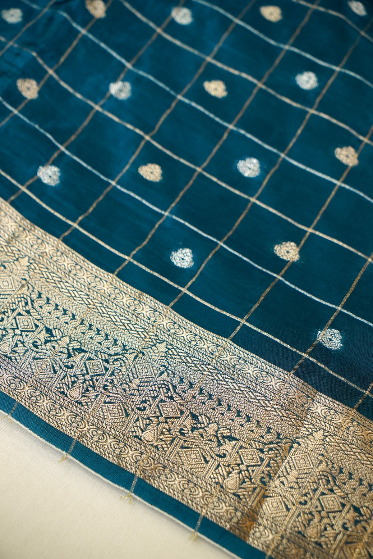Petrol Blue Checks Pattern Banarasi Dola Silk Saree with Stitched Blouse