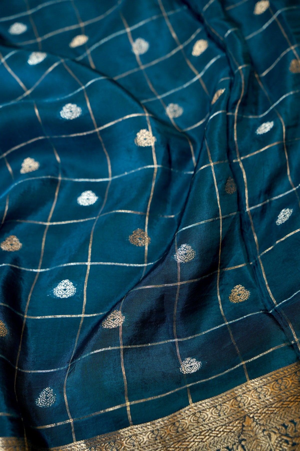 Petrol Blue Checks Pattern Banarasi Dola Silk Saree with Stitched Blouse