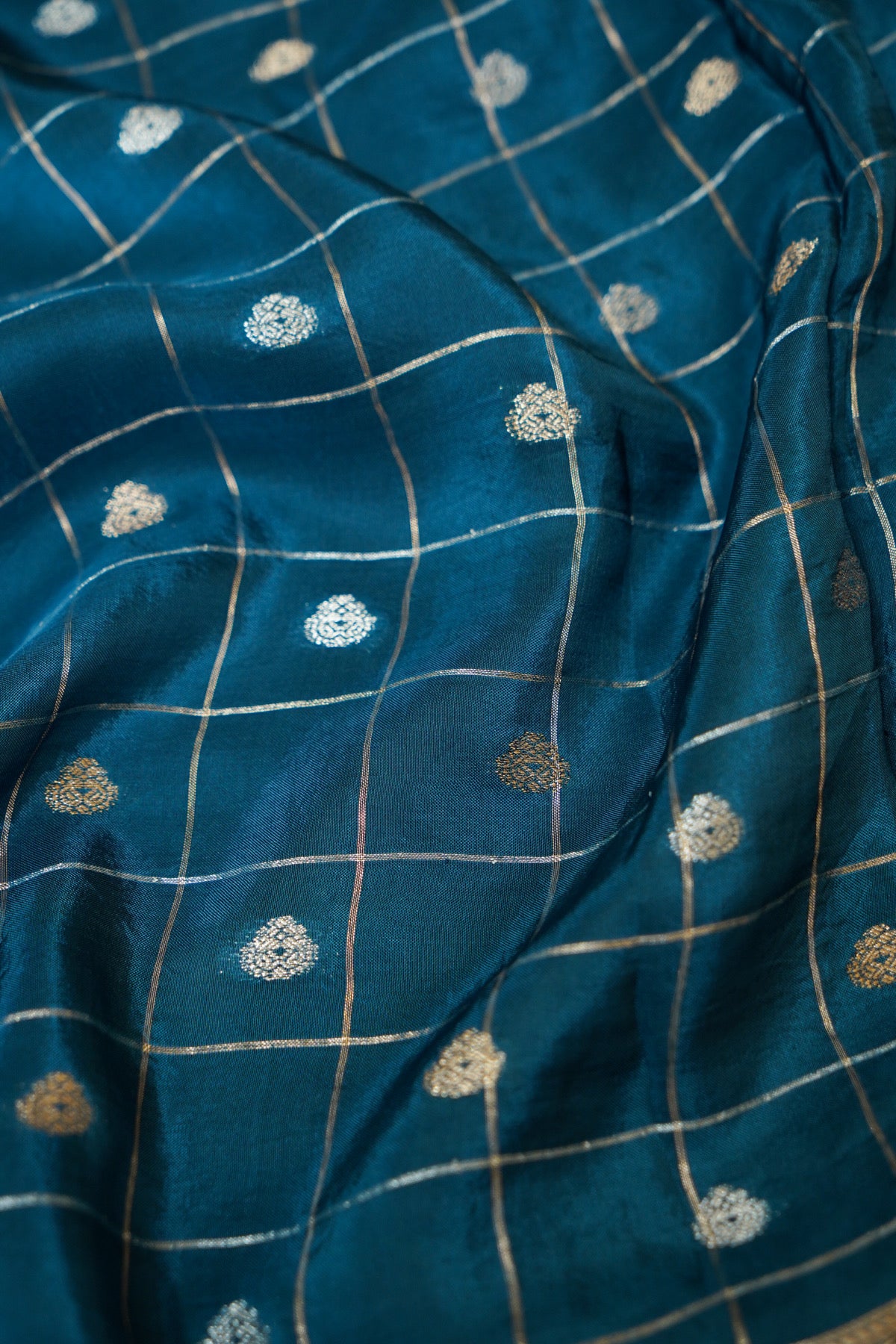 Petrol Blue Checks Pattern Banarasi Dola Silk Saree with Stitched Blouse