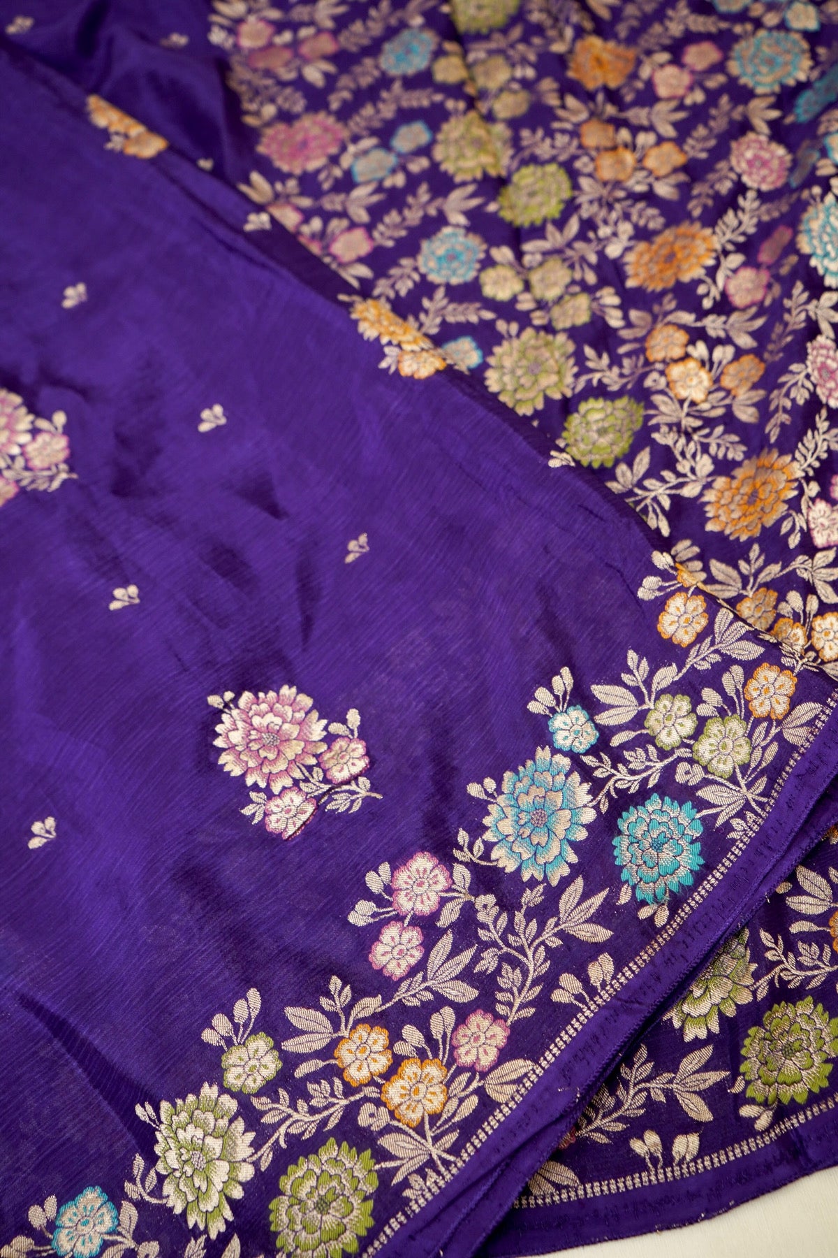 Royal Purple Chinon Silk Saree with Multicolor Floral Border and Stitched Blouse