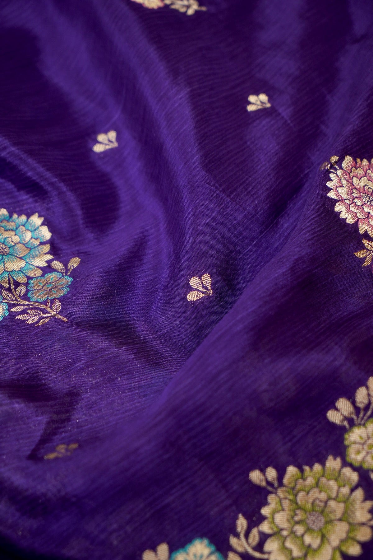Royal Purple Chinon Silk Saree with Multicolor Floral Border and Stitched Blouse