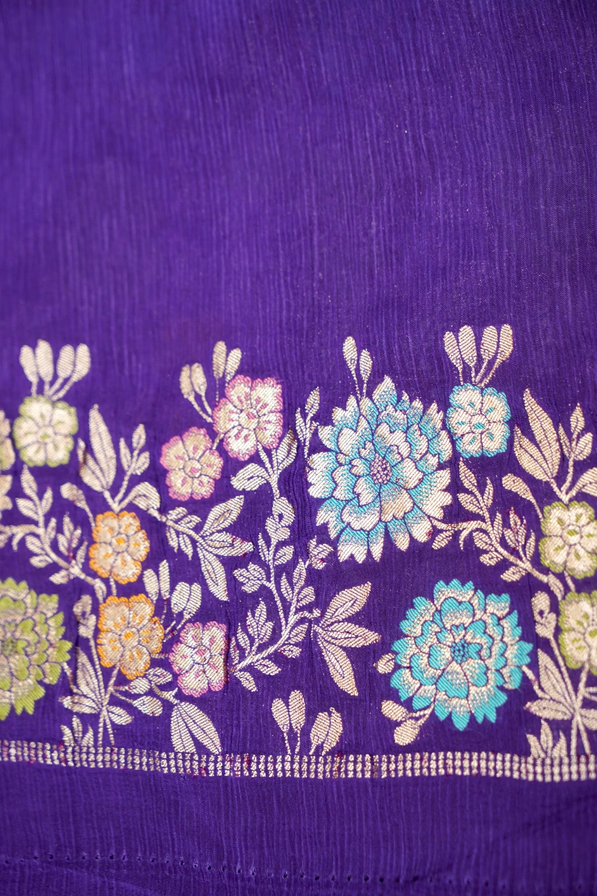 Royal Purple Chinon Silk Saree with Multicolor Floral Border and Stitched Blouse