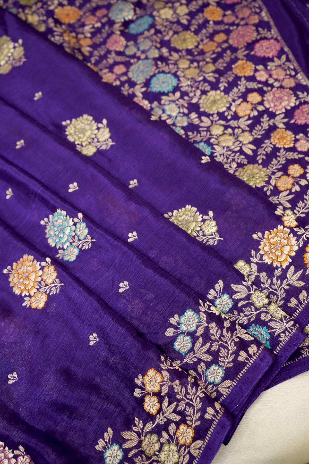 Royal Purple Chinon Silk Saree with Multicolor Floral Border and Stitched Blouse
