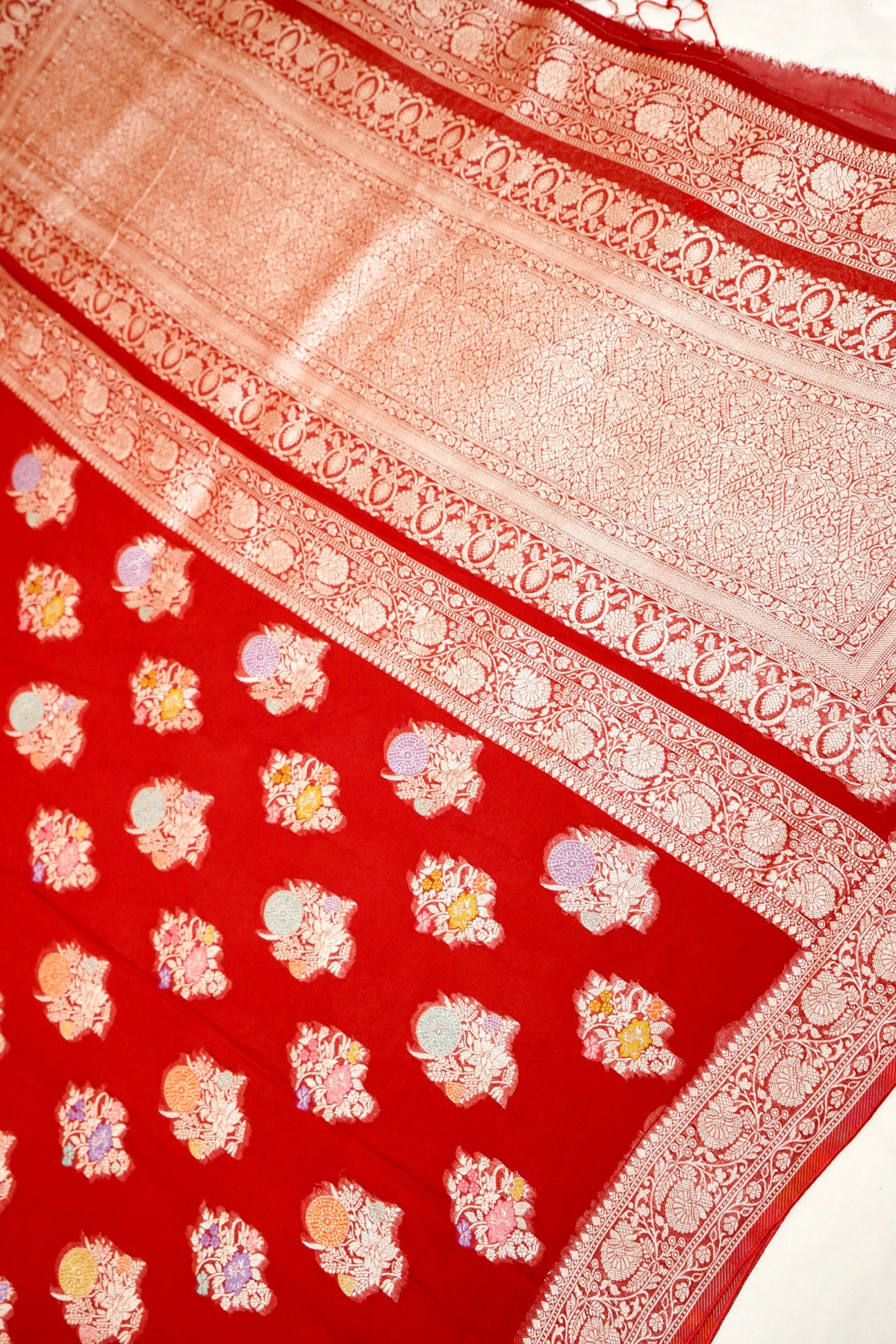 Classic Red Chinon Silk Saree with Multicolor Floral Border and Stitched Blouse