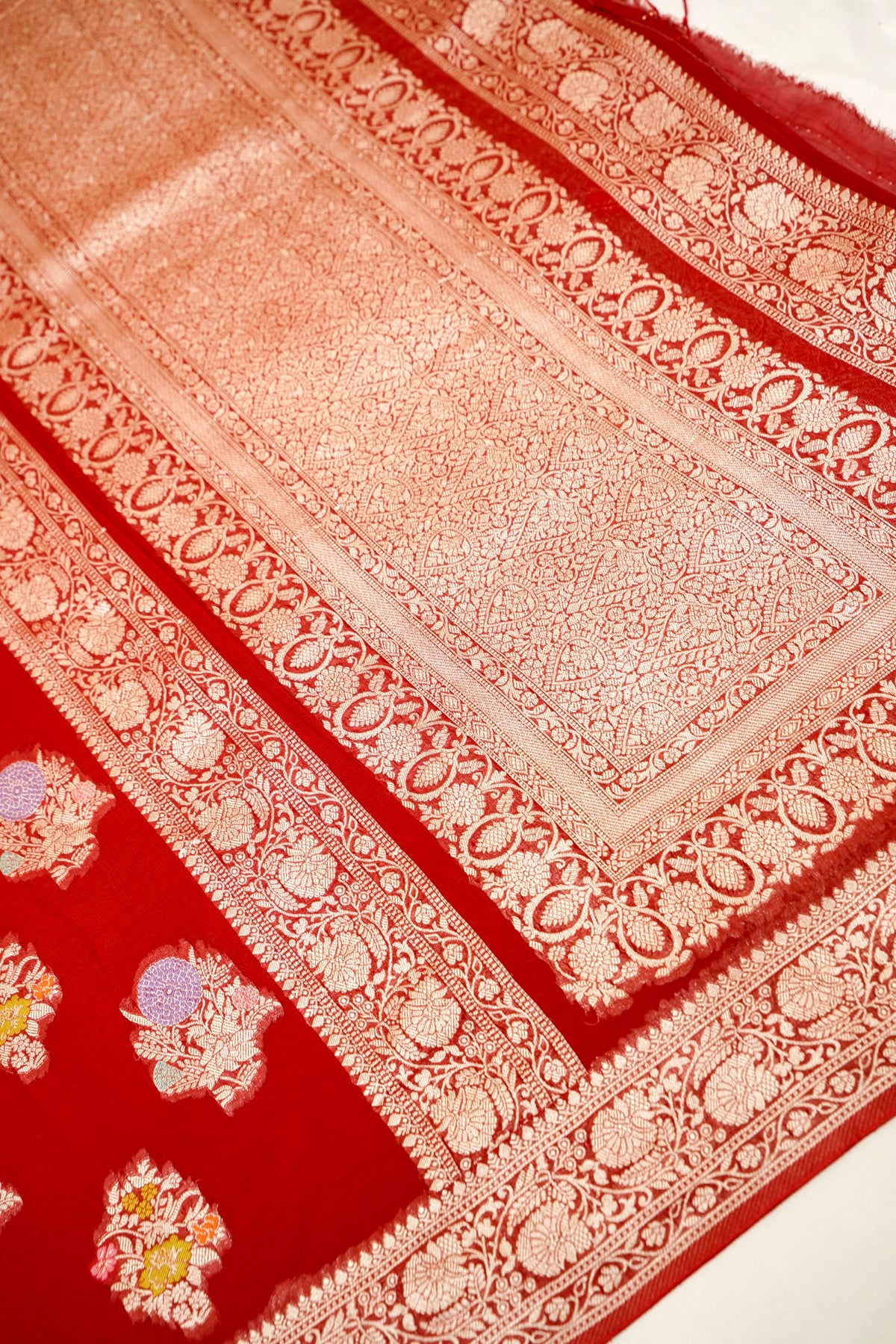 Classic Red Chinon Silk Saree with Multicolor Floral Border and Stitched Blouse