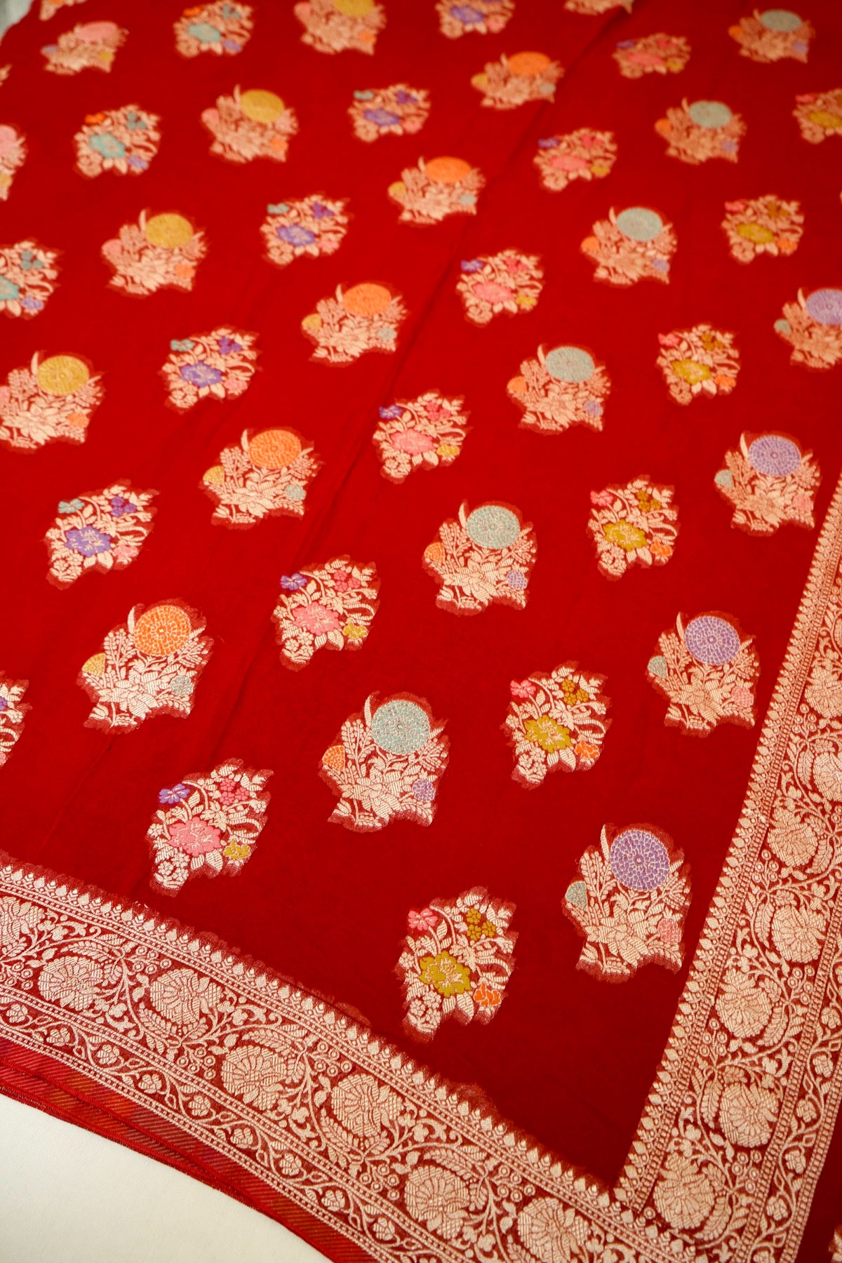 Classic Red Chinon Silk Saree with Multicolor Floral Border and Stitched Blouse