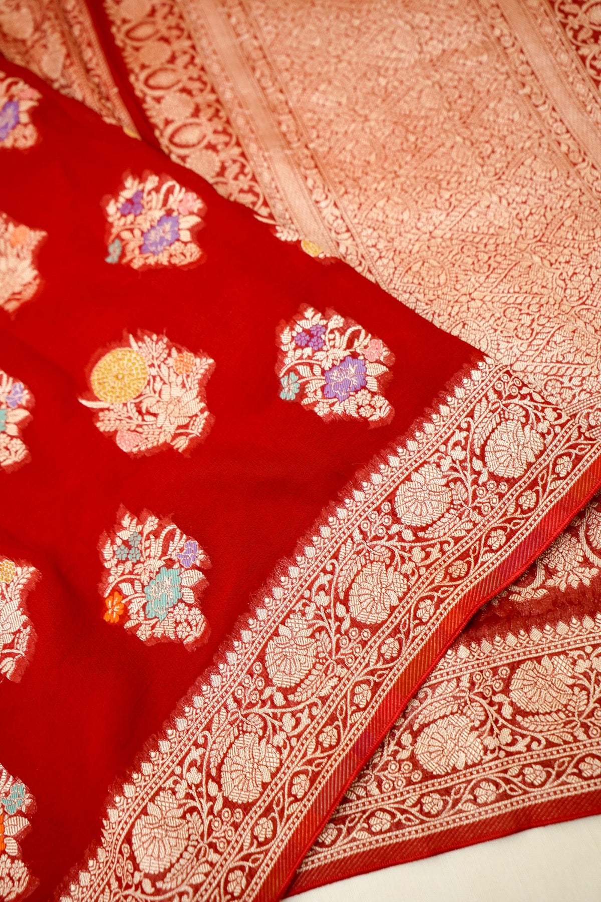 Classic Red Chinon Silk Saree with Multicolor Floral Border and Stitched Blouse