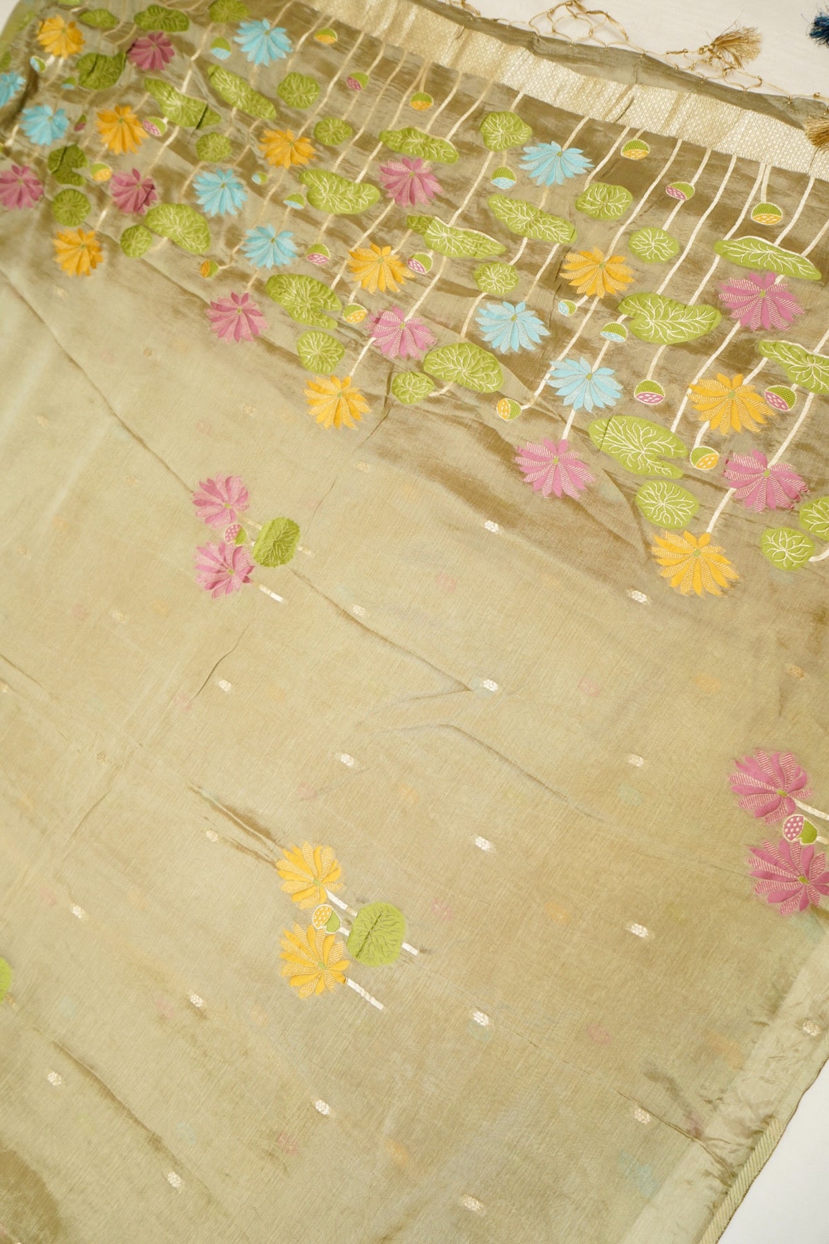 Olive Gold Floral Weave Chinon Silk Saree with Stitched Blouse