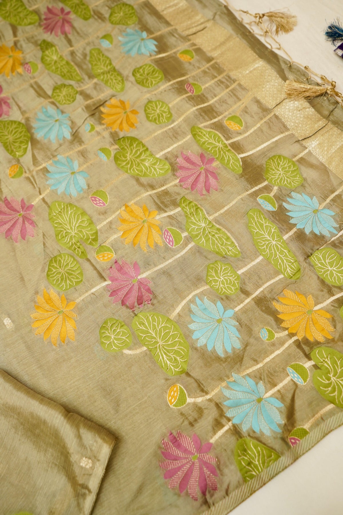 Olive Gold Floral Weave Chinon Silk Saree with Stitched Blouse