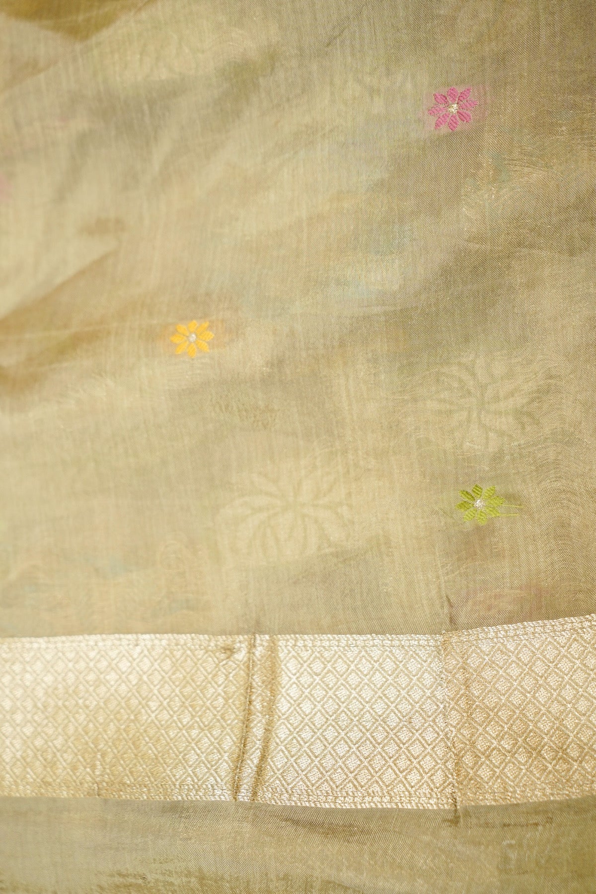 Olive Gold Floral Weave Chinon Silk Saree with Stitched Blouse