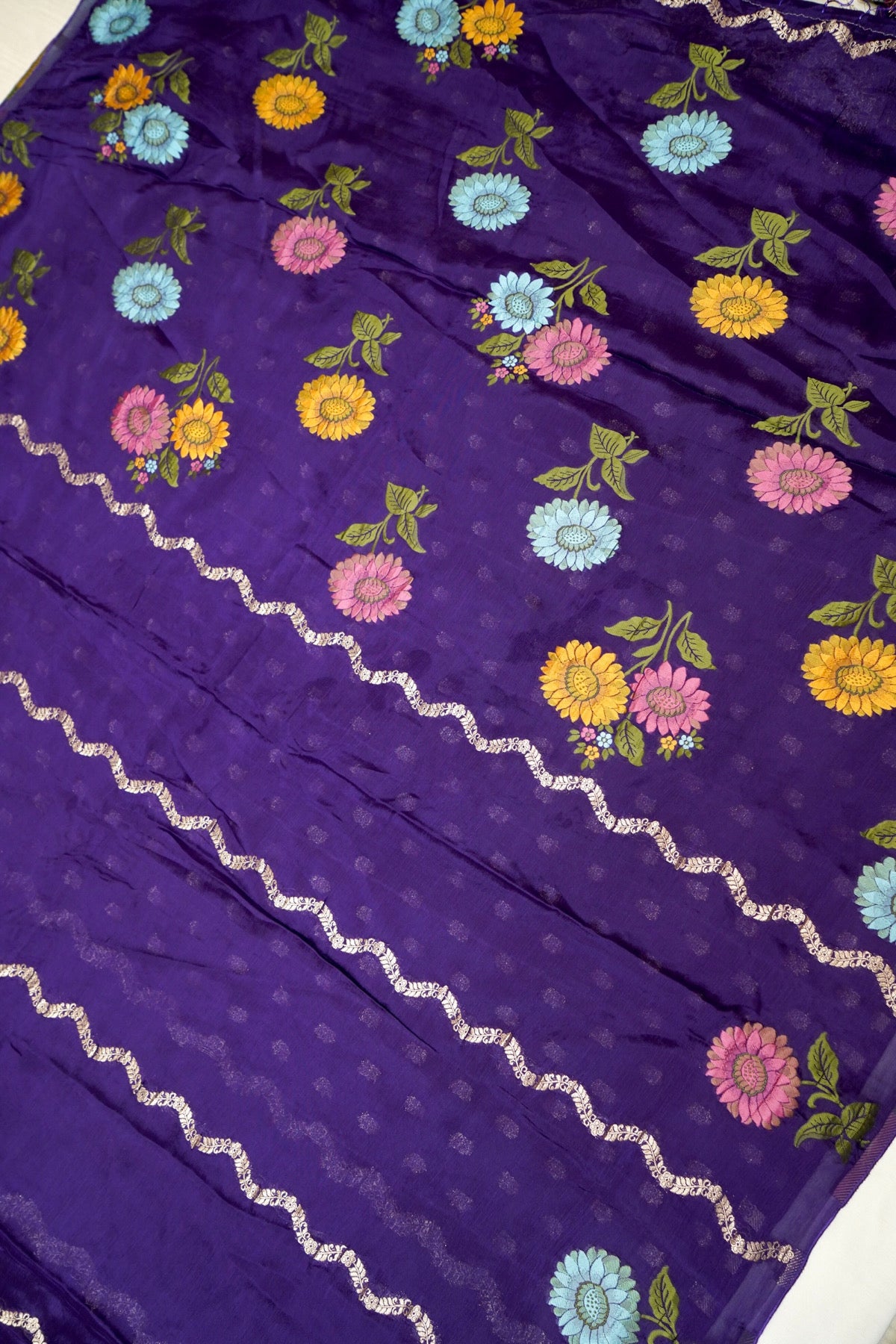 Deep Purple Floral Weave Chinon Silk Saree with Stitched Blouse