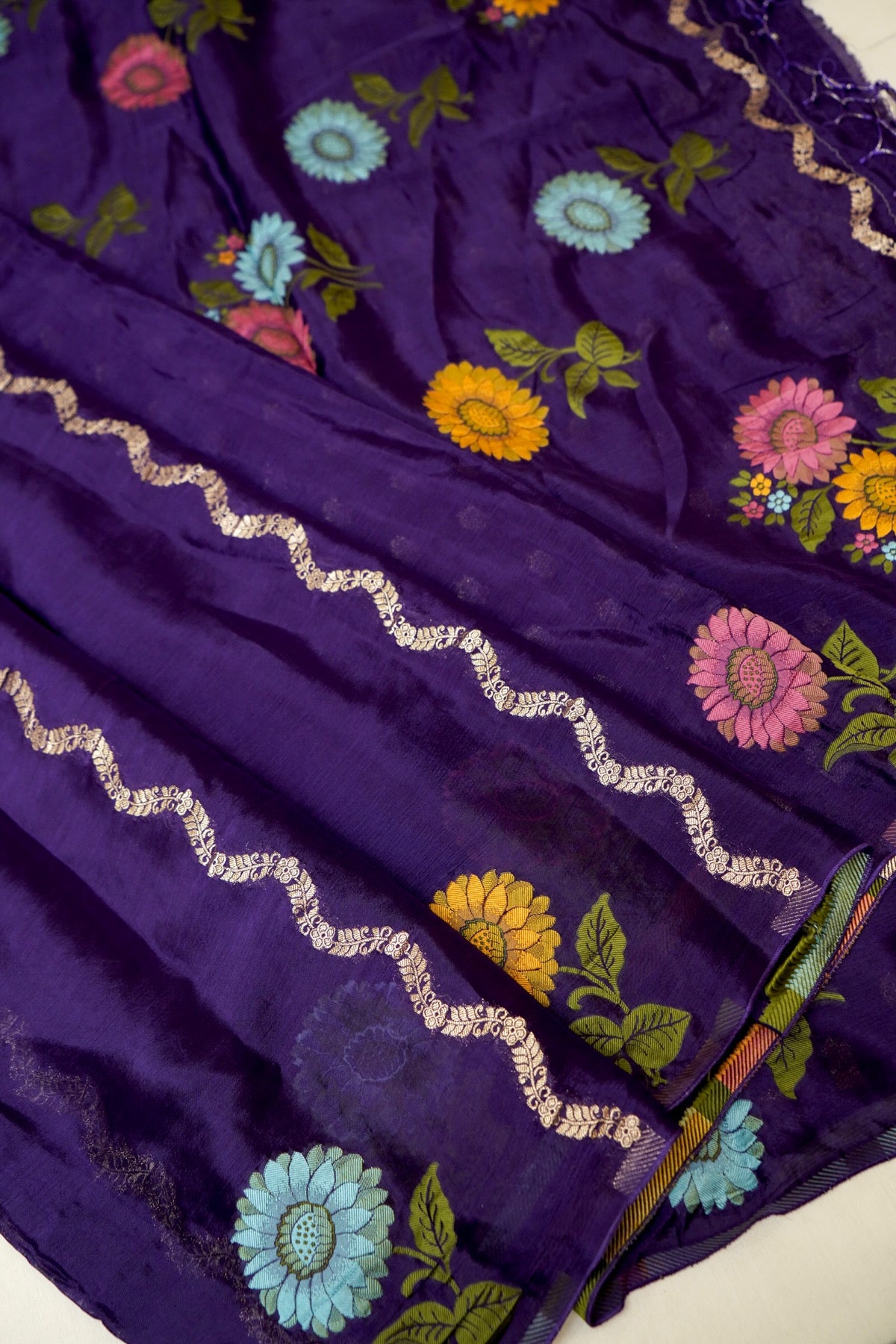 Deep Purple Floral Weave Chinon Silk Saree with Stitched Blouse