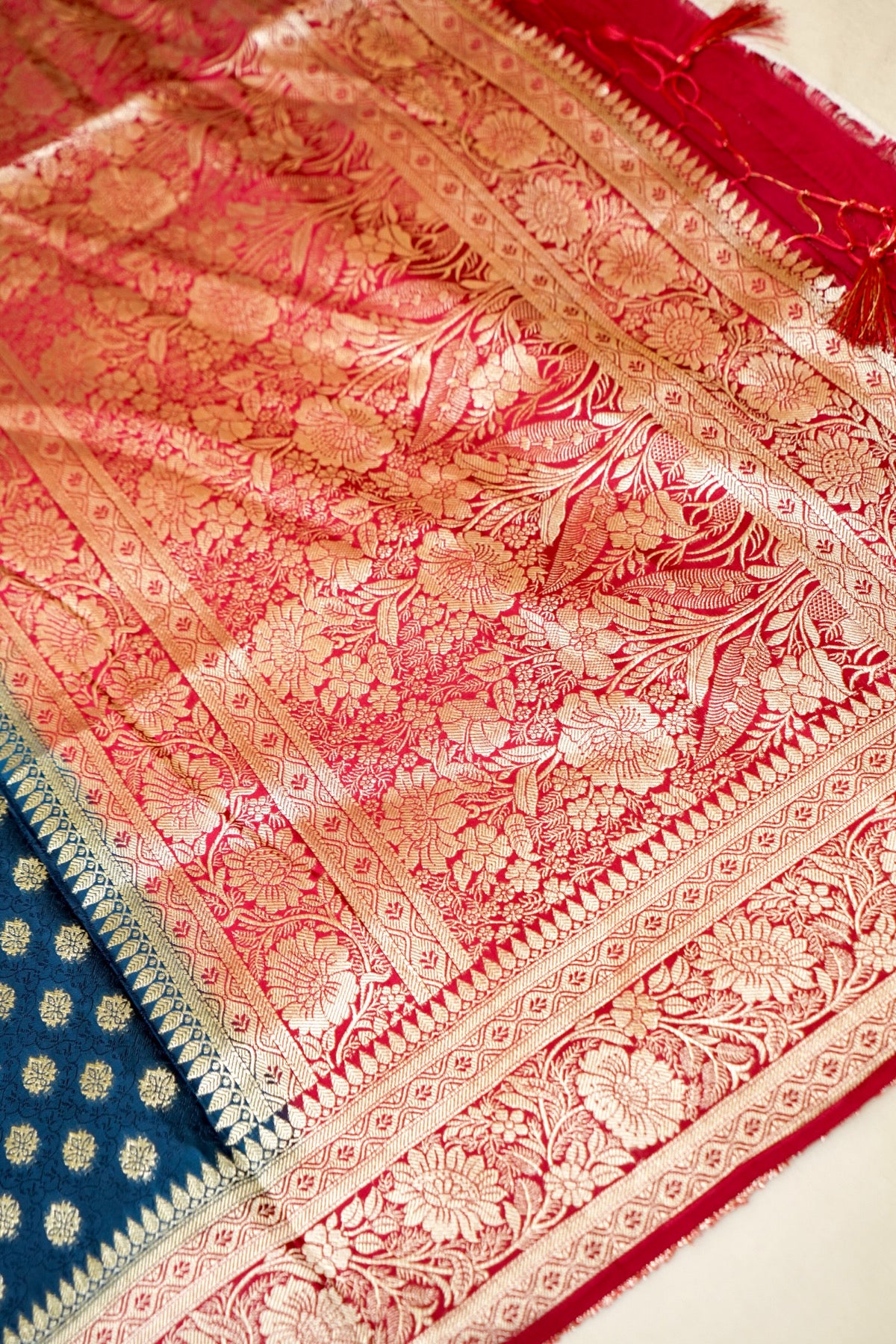 Teal Blue Banarasi Dola Silk Saree with Stitched Blouse