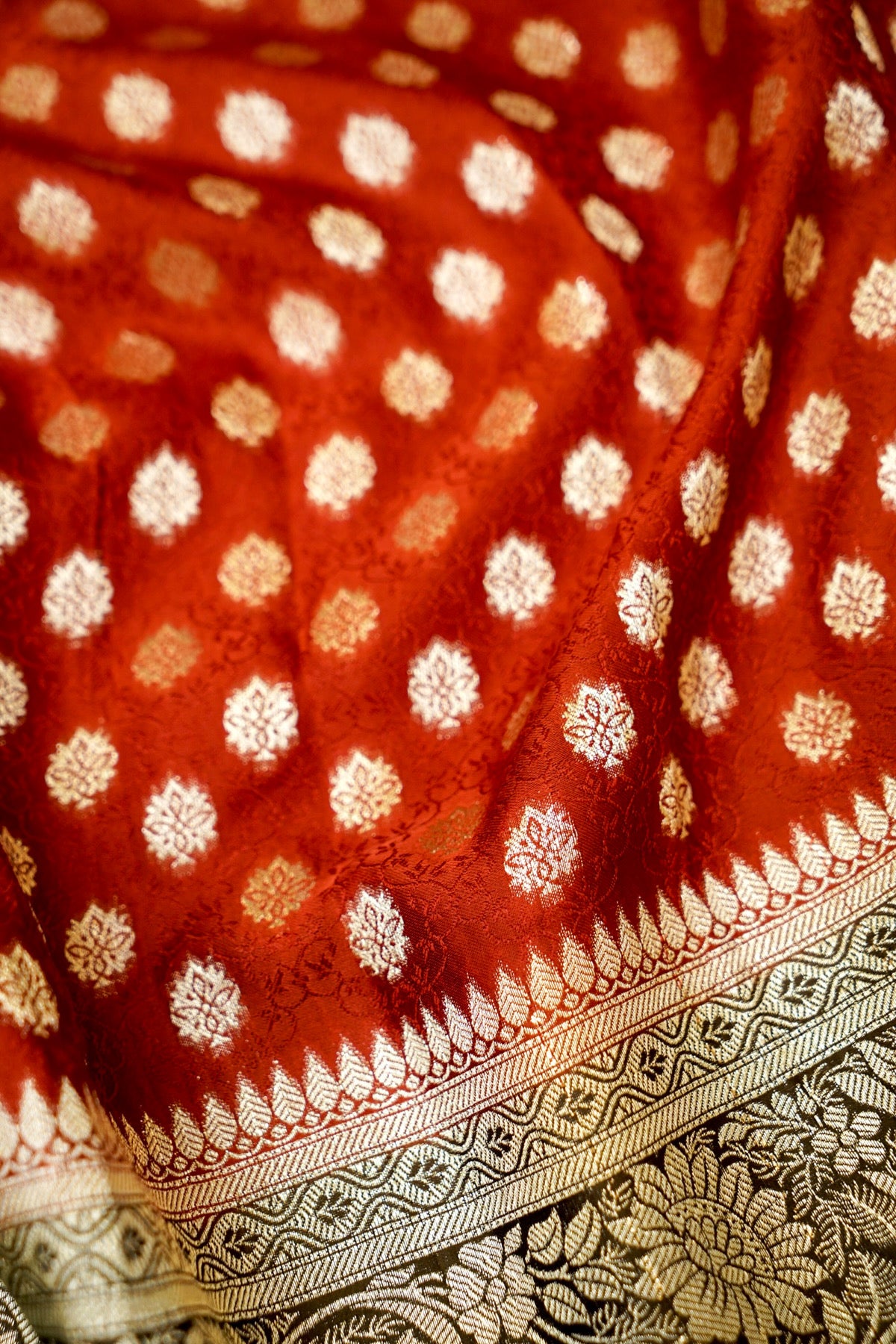 Rust Red Banarasi Dola Silk Saree with Stitched Blouse