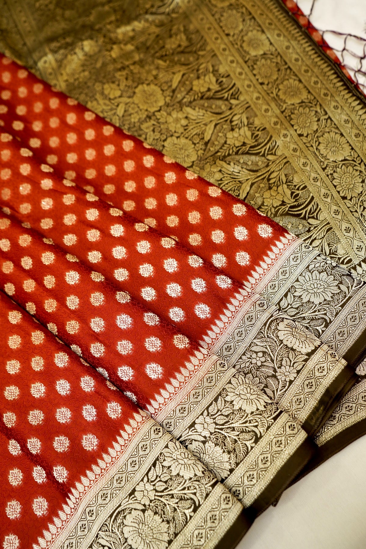 Rust Red Banarasi Dola Silk Saree with Stitched Blouse
