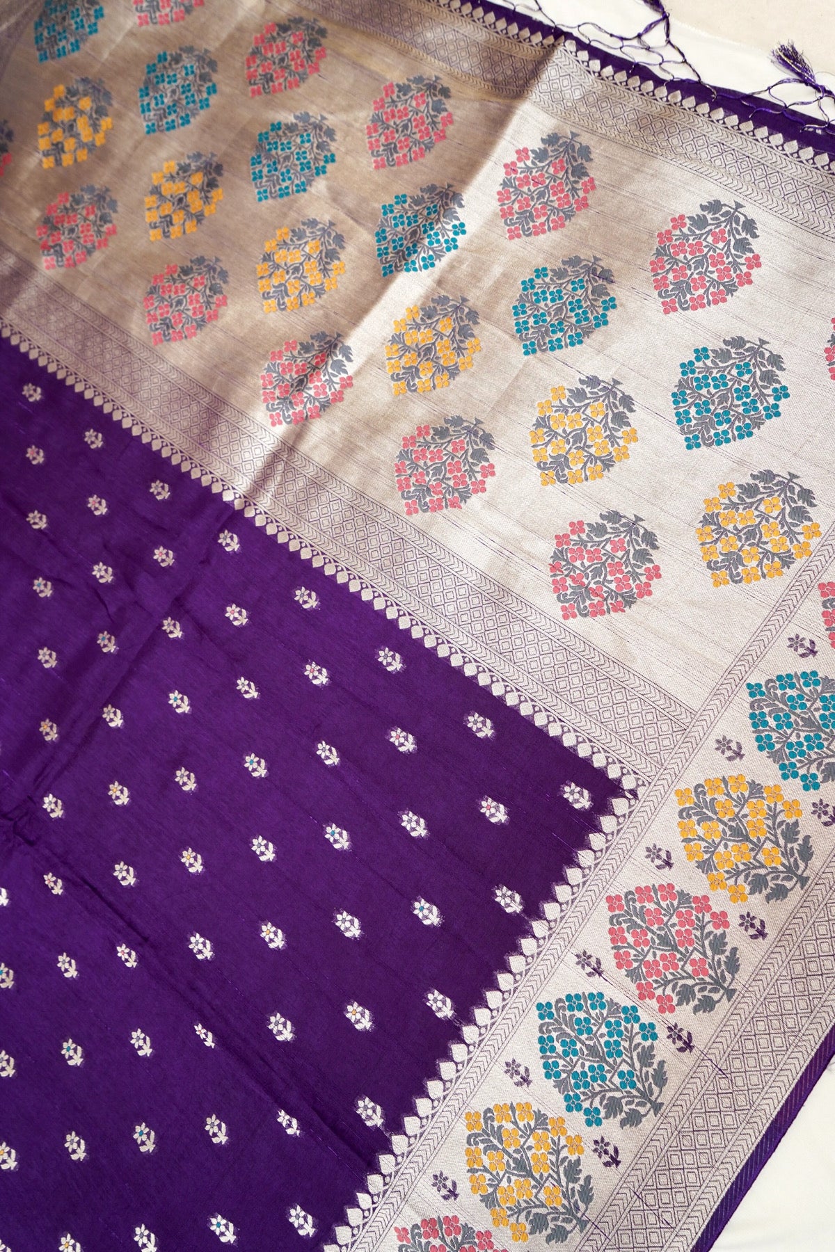 Royal Purple Raw Silk Saree with Multicolor Tree Weave Border