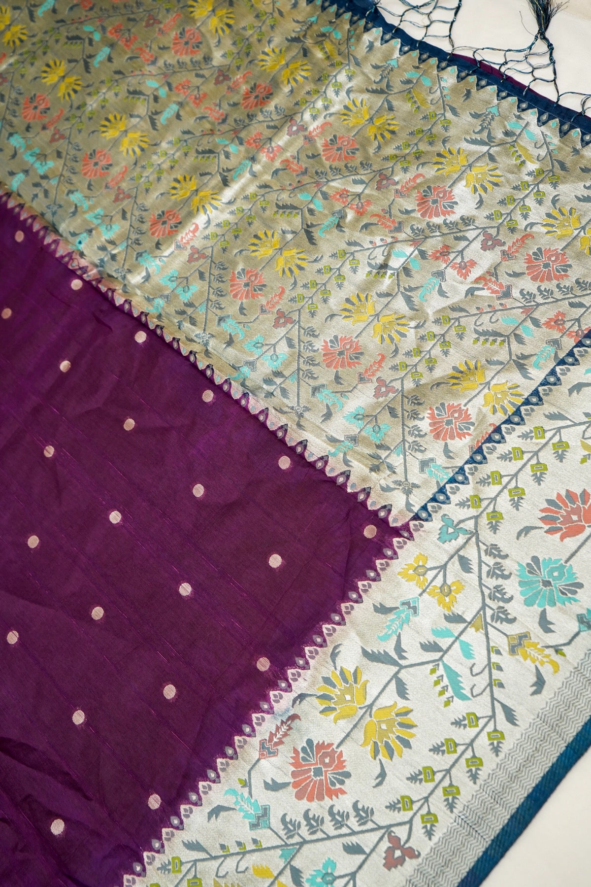 Plum Purple Raw Silk Polka Dot Saree with Steel Blue Geometric Floral Border