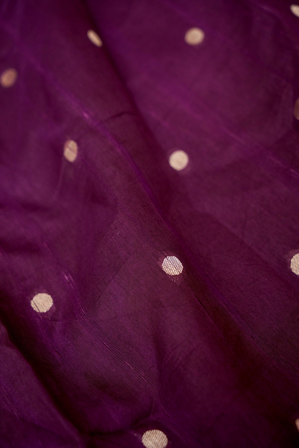 Plum Purple Raw Silk Polka Dot Saree with Steel Blue Geometric Floral Border