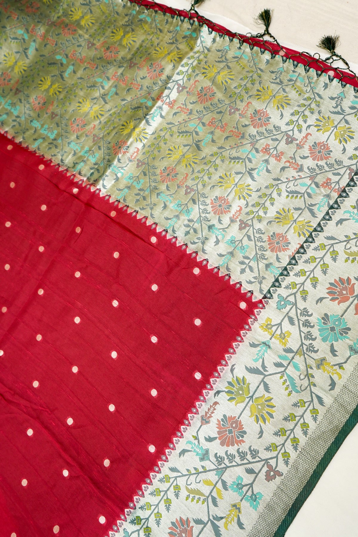 Crimson Red Raw Silk Polka Dot Saree with Green Geometric Floral Border