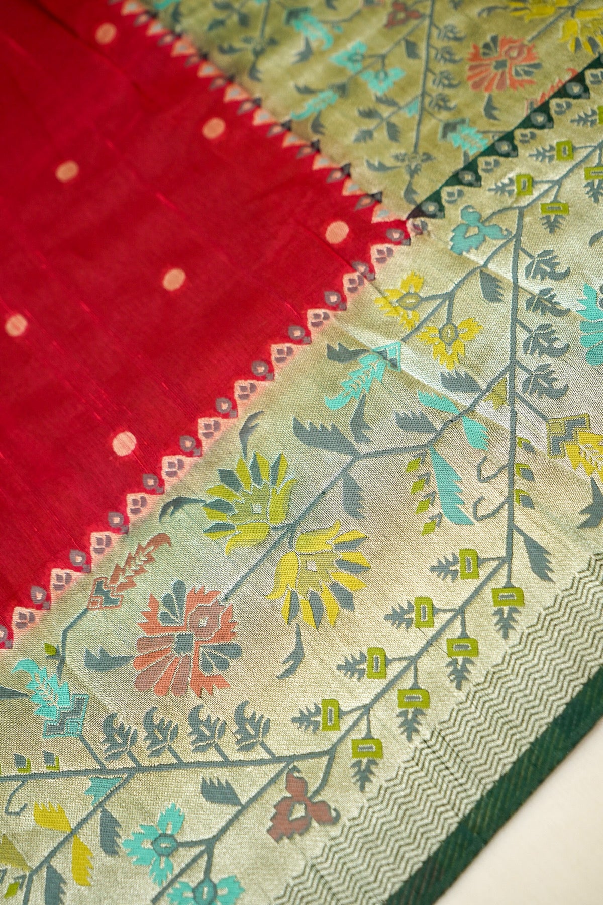 Crimson Red Raw Silk Polka Dot Saree with Green Geometric Floral Border