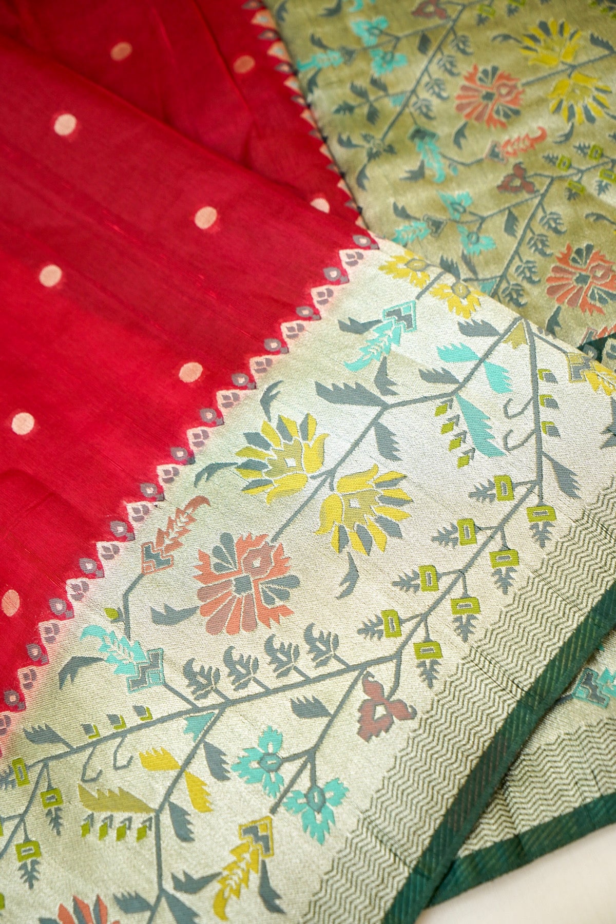 Crimson Red Raw Silk Polka Dot Saree with Green Geometric Floral Border