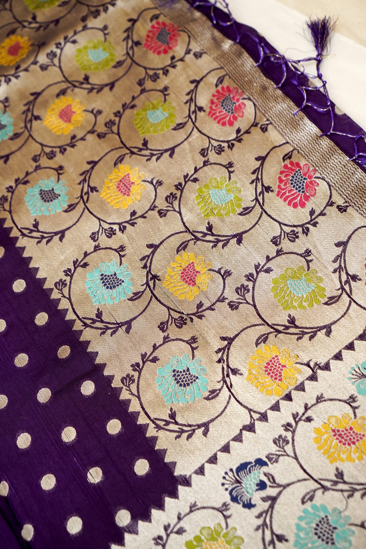 Deep Purple Raw Silk Polka Dot Saree with Floral Border