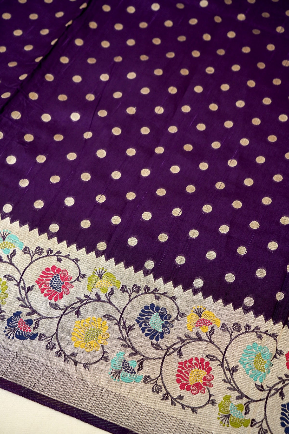 Deep Purple Raw Silk Polka Dot Saree with Floral Border
