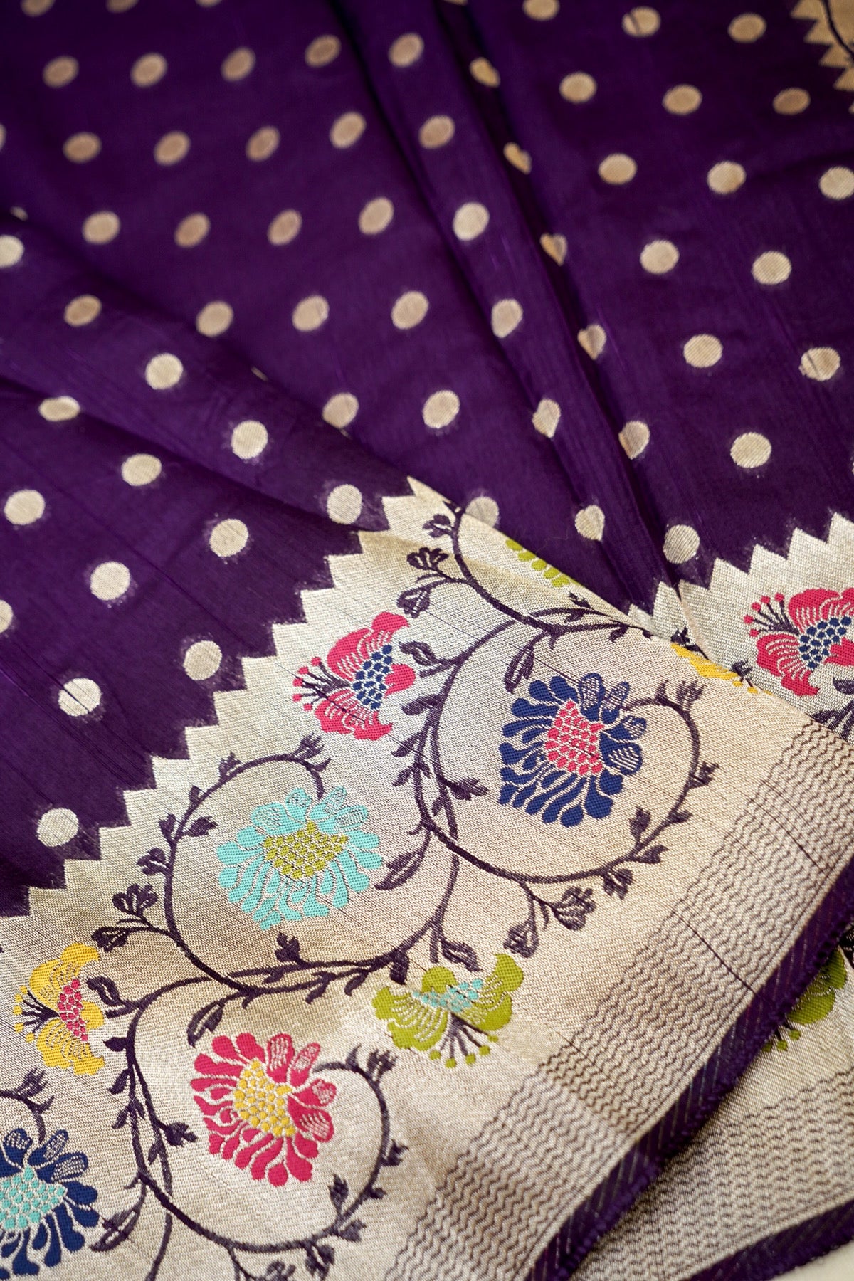 Deep Purple Raw Silk Polka Dot Saree with Floral Border