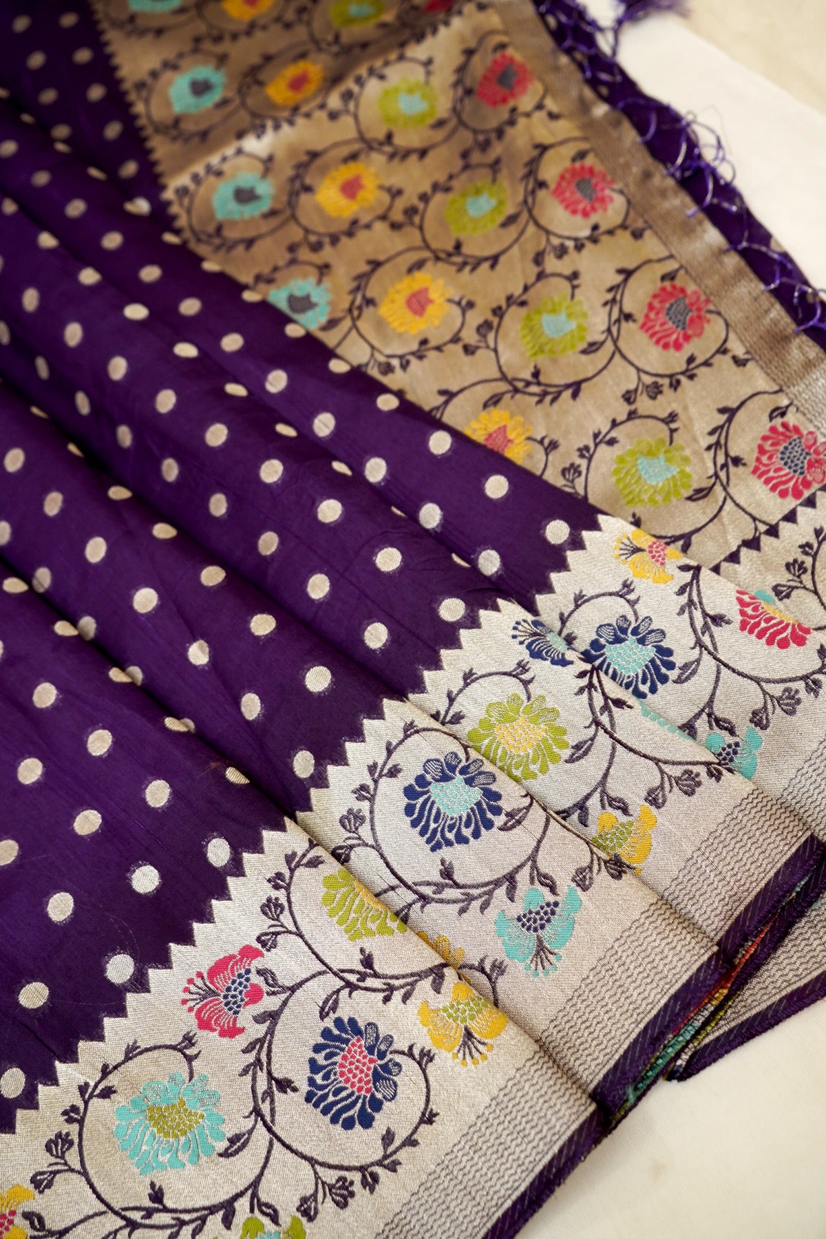 Deep Purple Raw Silk Polka Dot Saree with Floral Border