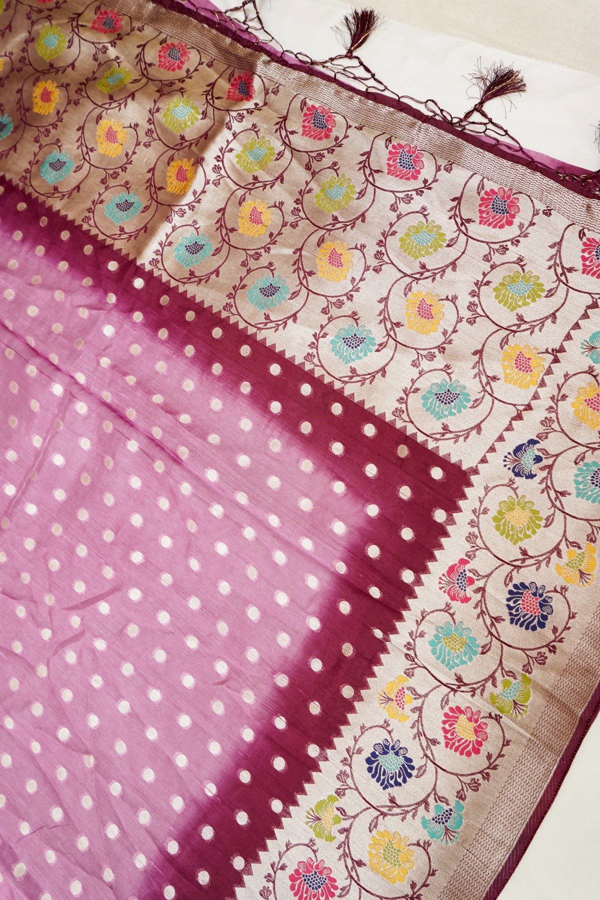 Mauve Pink Raw Silk Polka Dot Saree with Floral Border