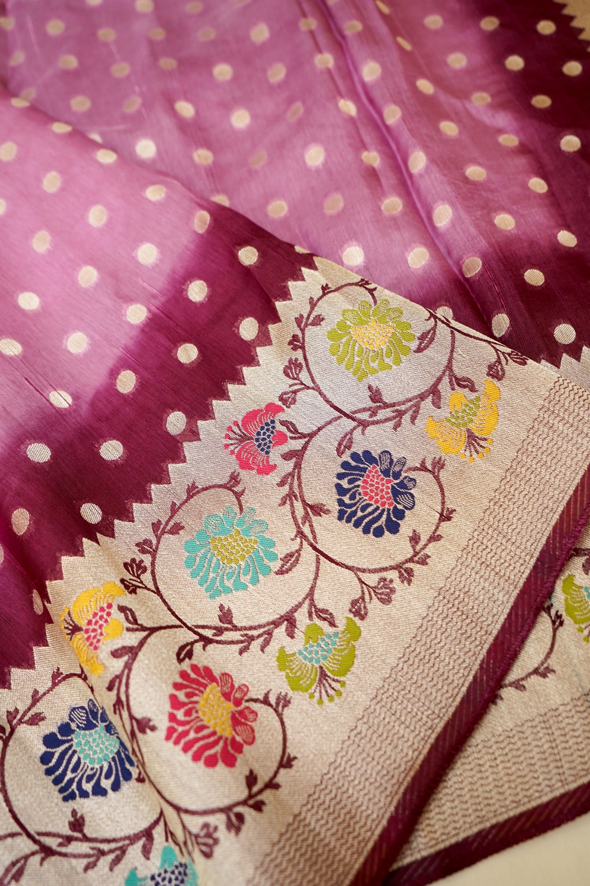 Mauve Pink Raw Silk Polka Dot Saree with Floral Border