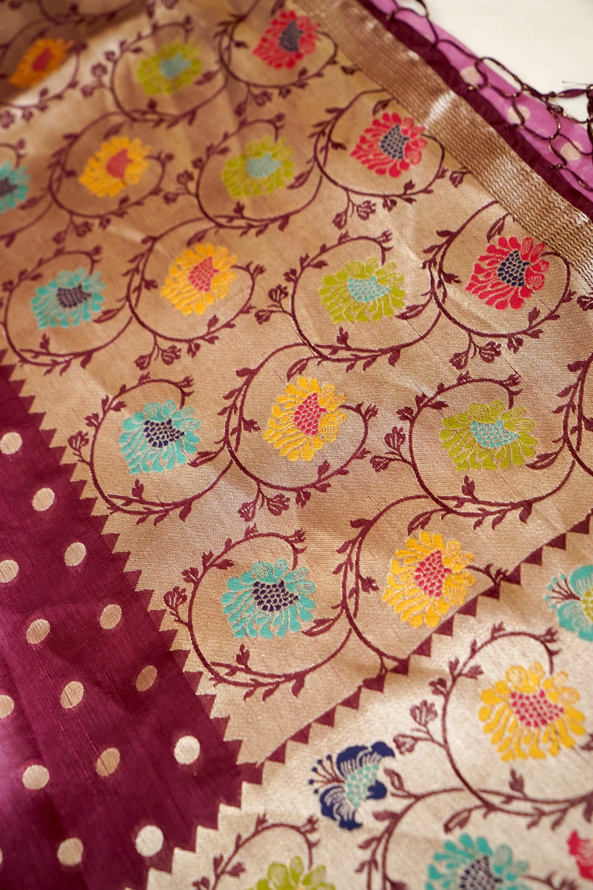Mauve Pink Raw Silk Polka Dot Saree with Floral Border