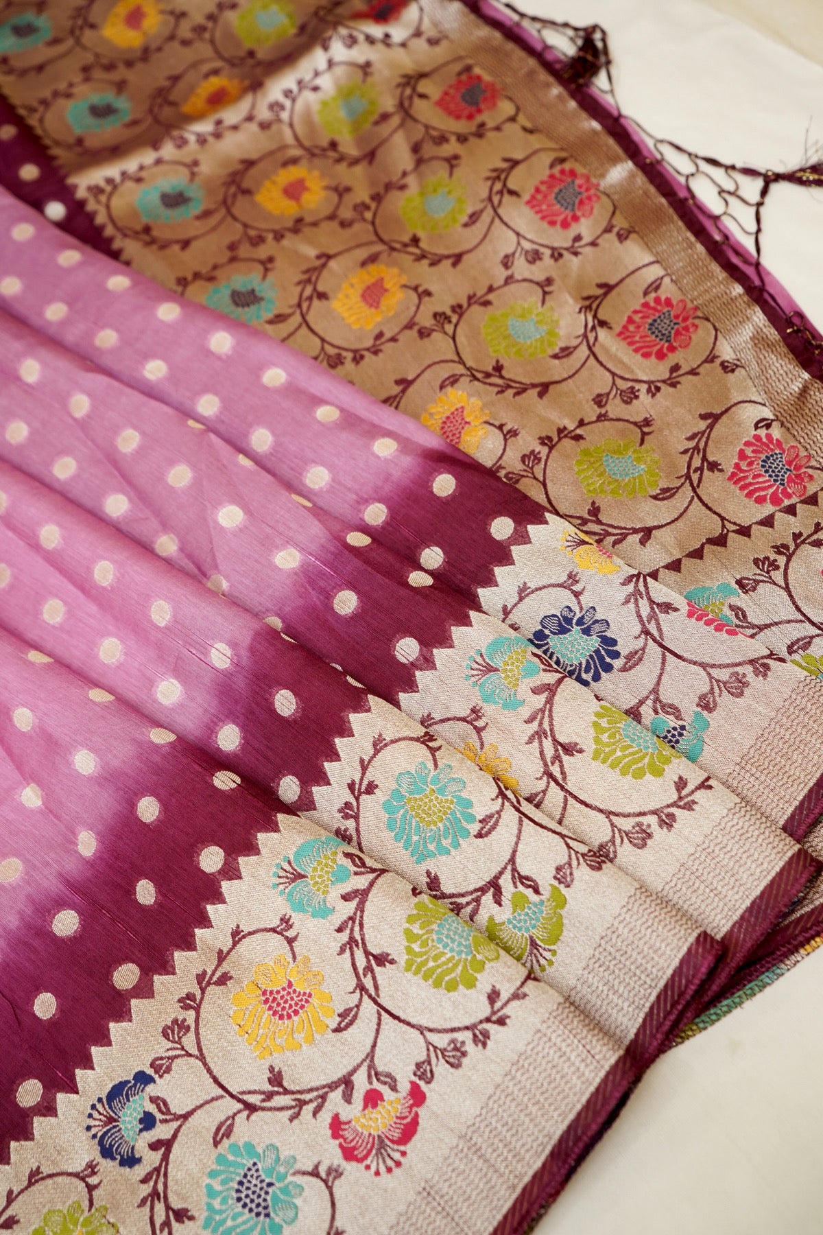 Mauve Pink Raw Silk Polka Dot Saree with Floral Border
