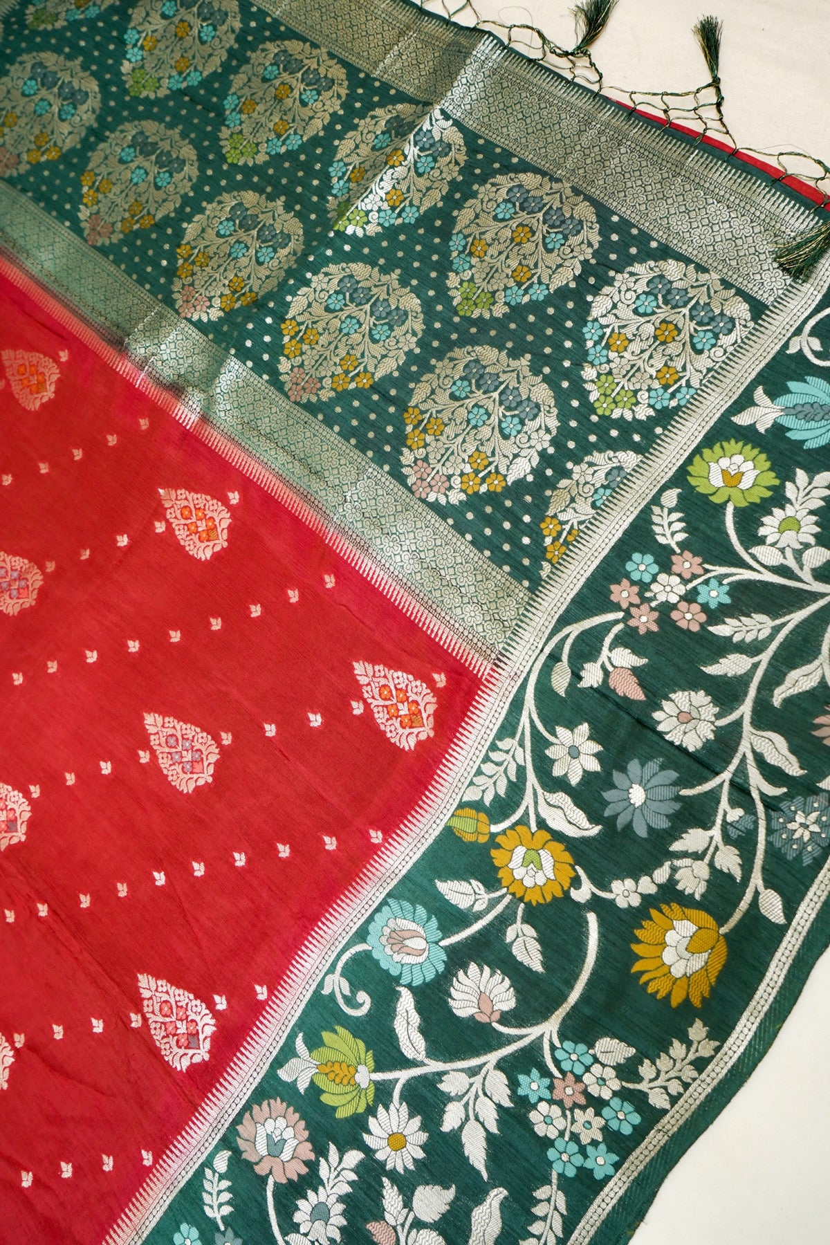 Classic Red Raw Silk Saree with Floral Deep Teal Border