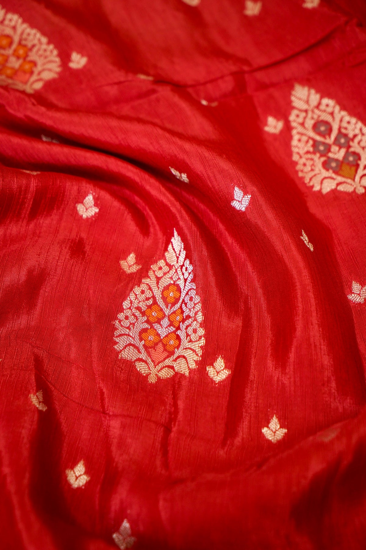 Classic Red Raw Silk Saree with Floral Deep Teal Border