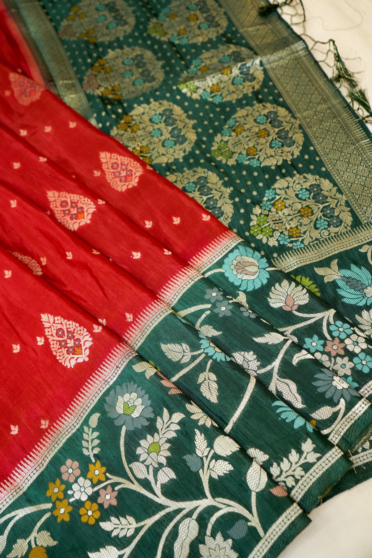 Classic Red Raw Silk Saree with Floral Deep Teal Border