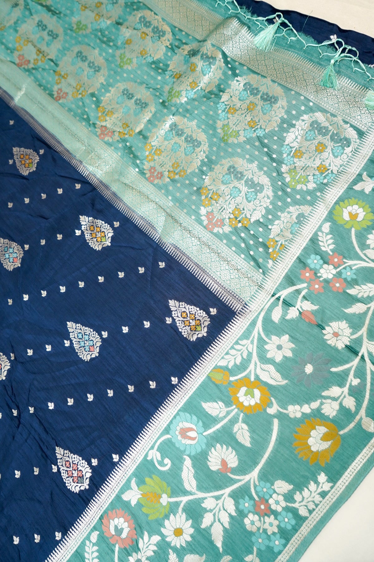 Navy Blue Raw Silk Saree with Floral Teal Green Border