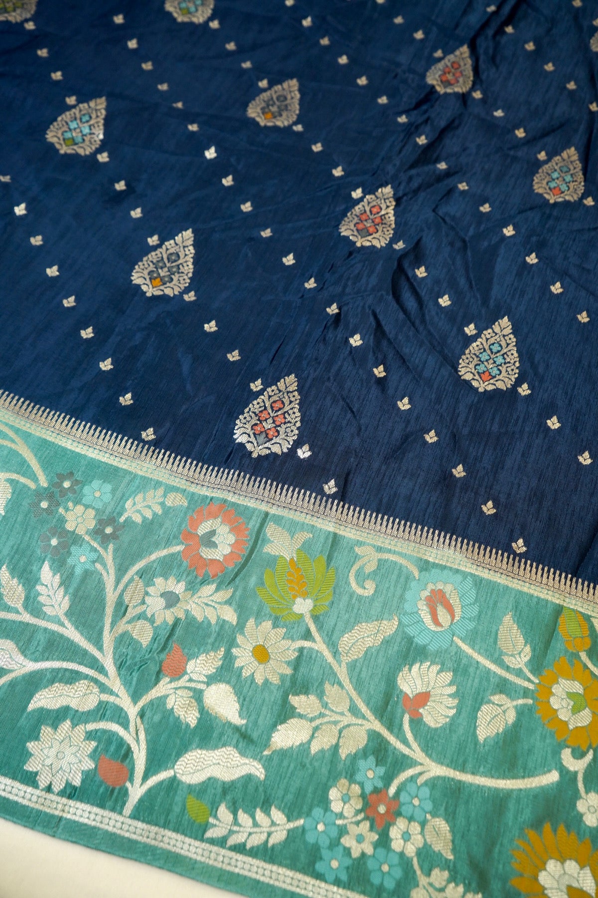 Navy Blue Raw Silk Saree with Floral Teal Green Border
