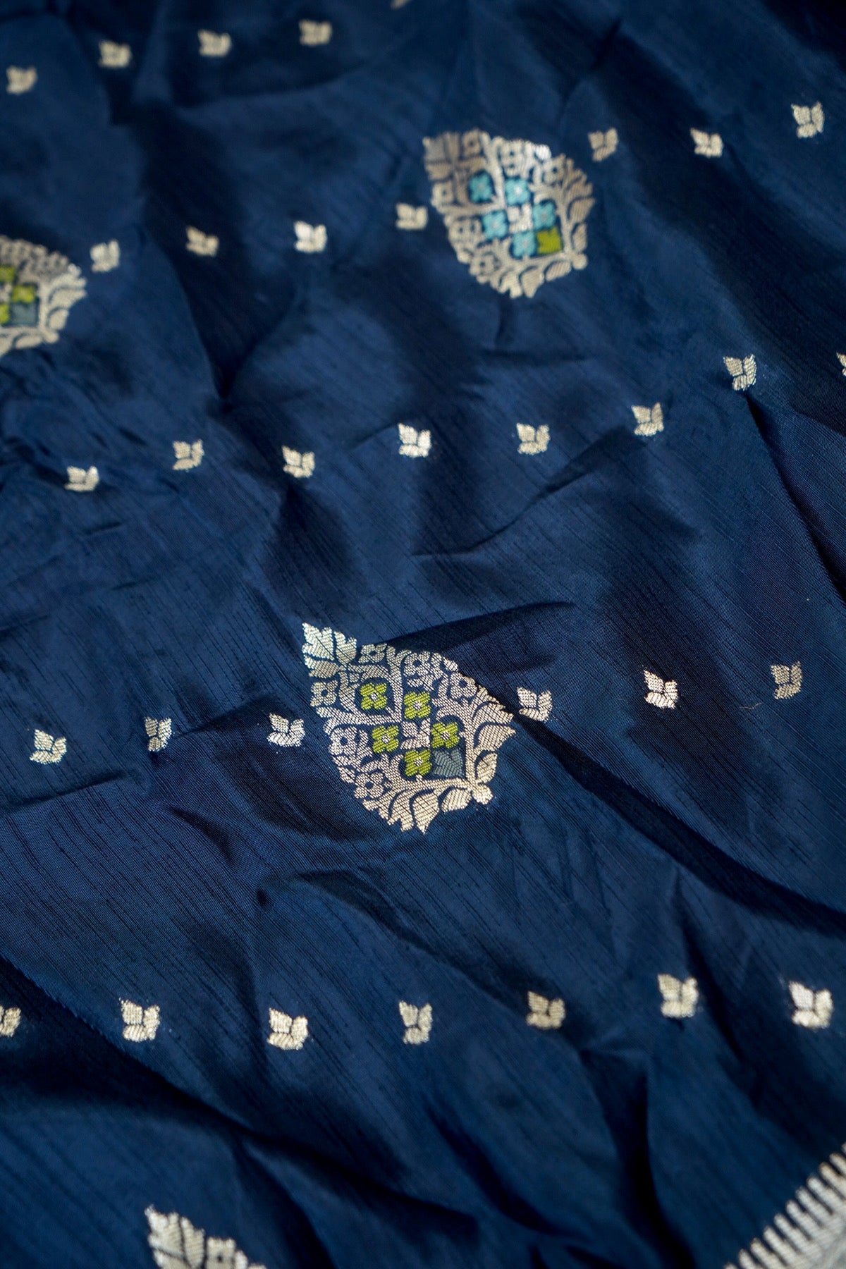 Navy Blue Raw Silk Saree with Floral Teal Green Border