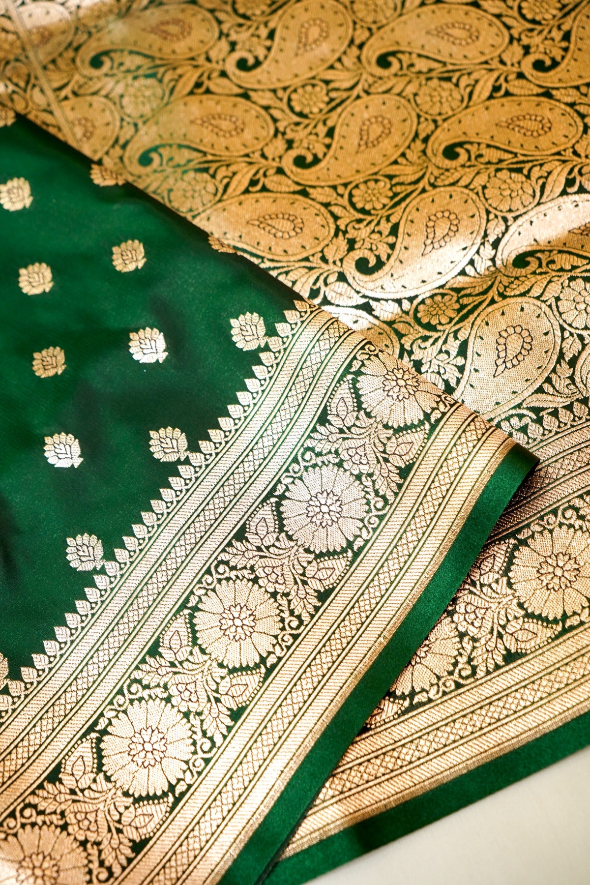 Royal Bottle Green Banarasi Silk Saree with Golden Zari Weave