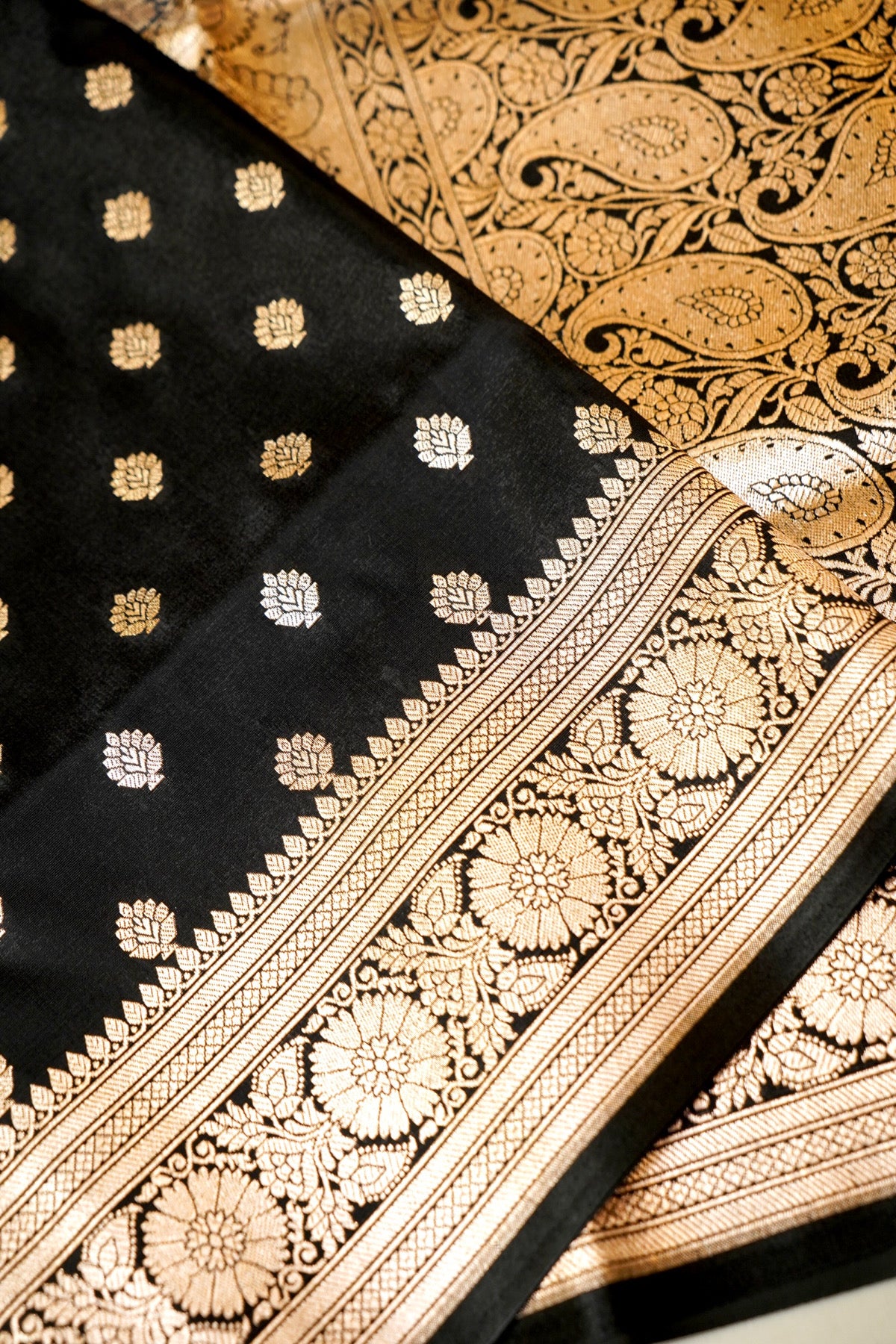 Royal Black Banarasi Silk Saree with Golden Zari Weave