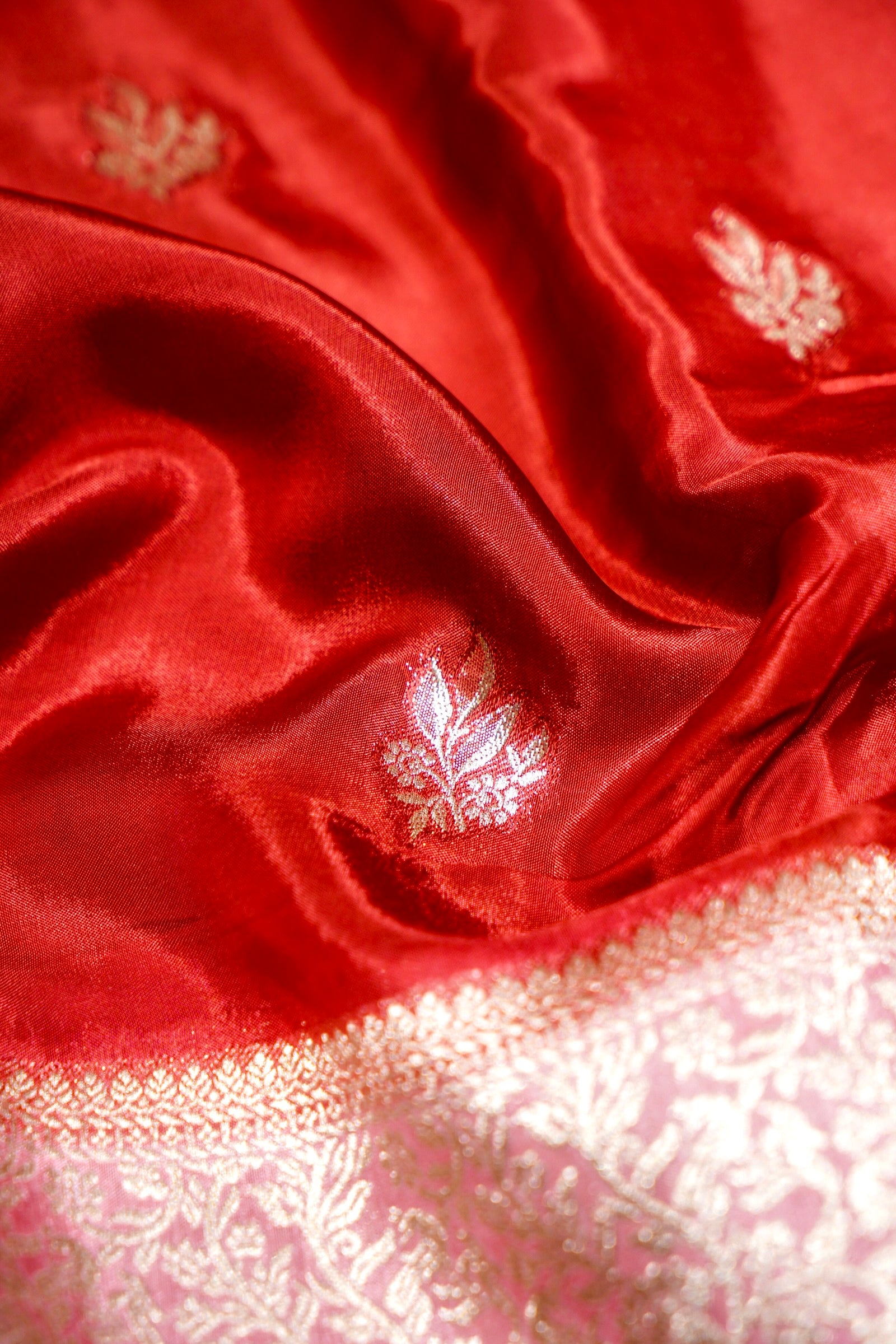Coral Red Dola Silk Saree with Baby Pink and Champagne Zari Border