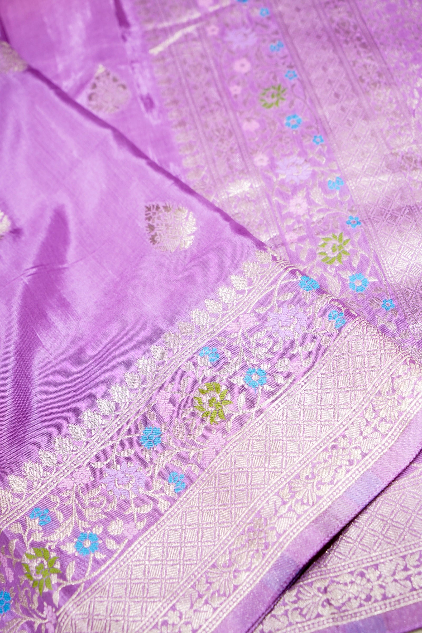 Blush Pink Dola Silk Saree with Lavendar and Gold Zari Border