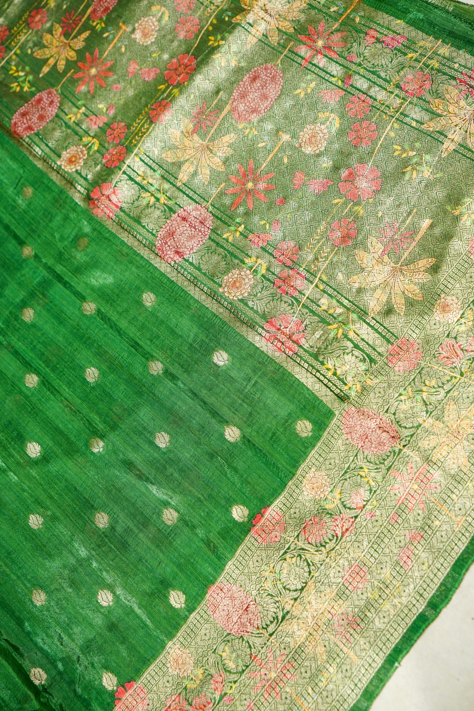 Soft Emerald Green Raw Silk Saree with Pastel Floral Weaving Border