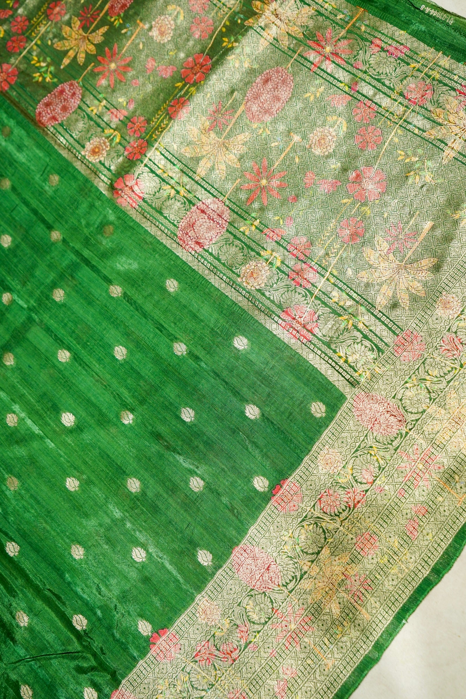 Soft Emerald Green Raw Silk Saree with Pastel Floral Weaving Border