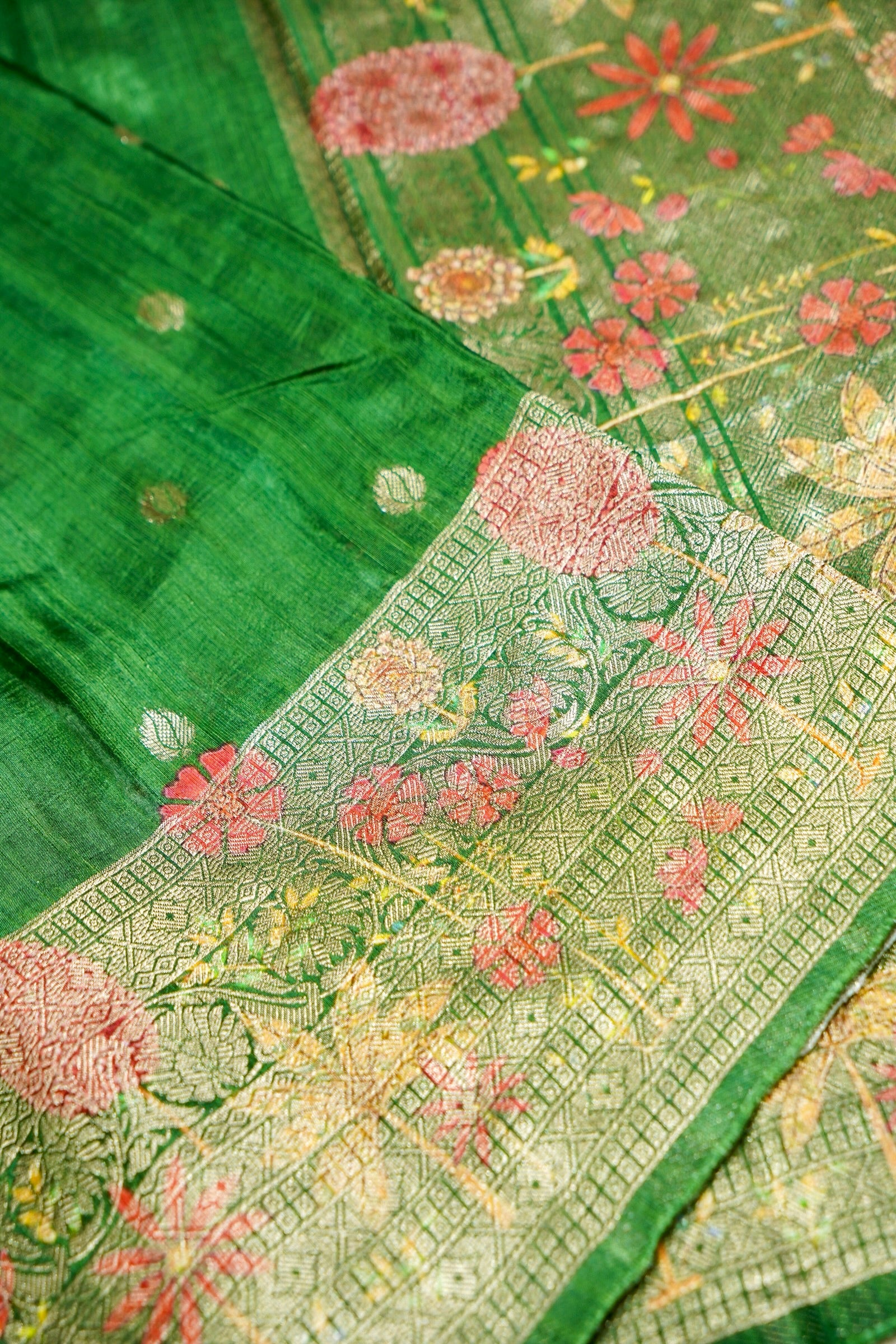 Soft Emerald Green Raw Silk Saree with Pastel Floral Weaving Border