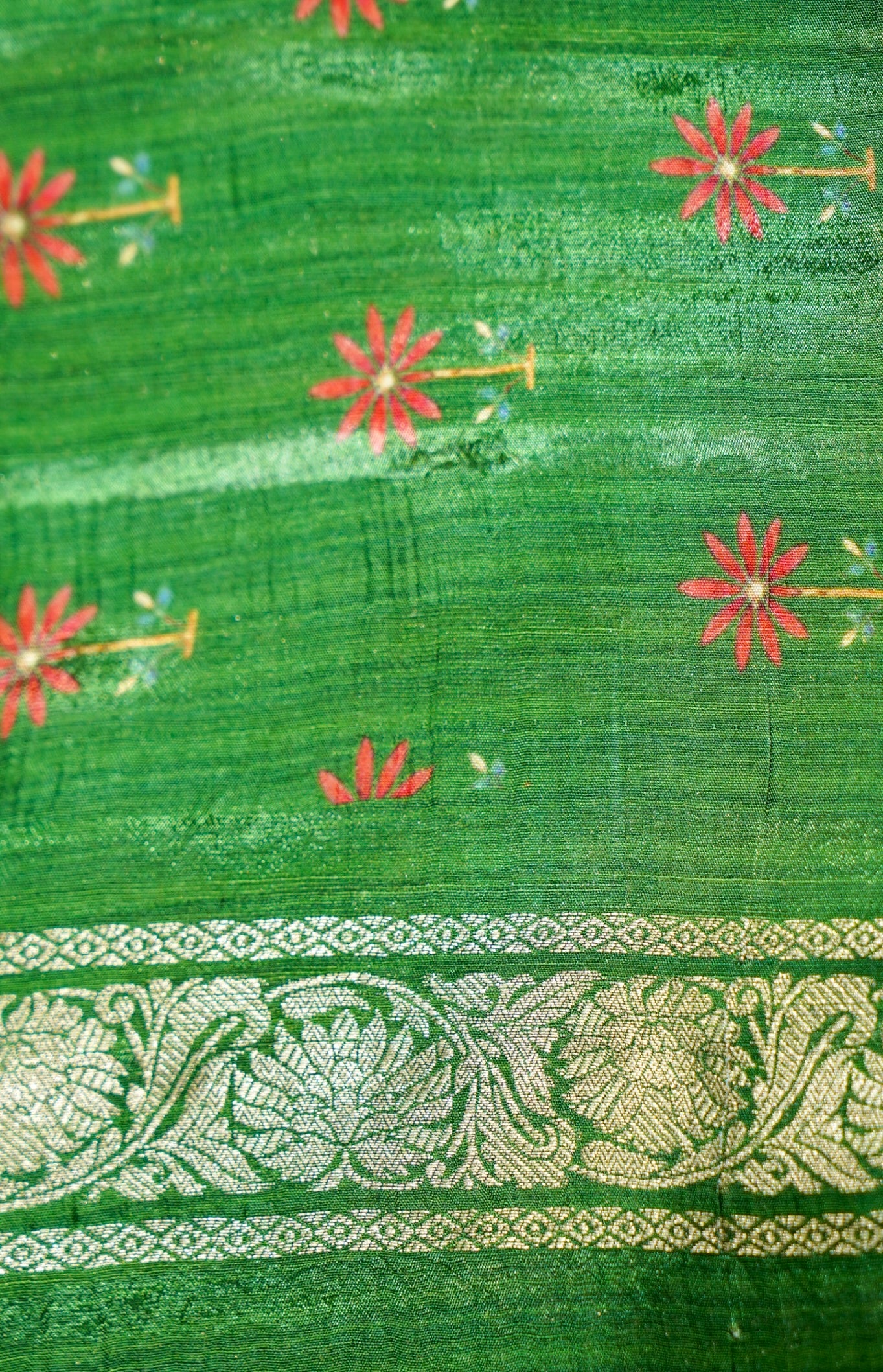 Soft Emerald Green Raw Silk Saree with Pastel Floral Weaving Border