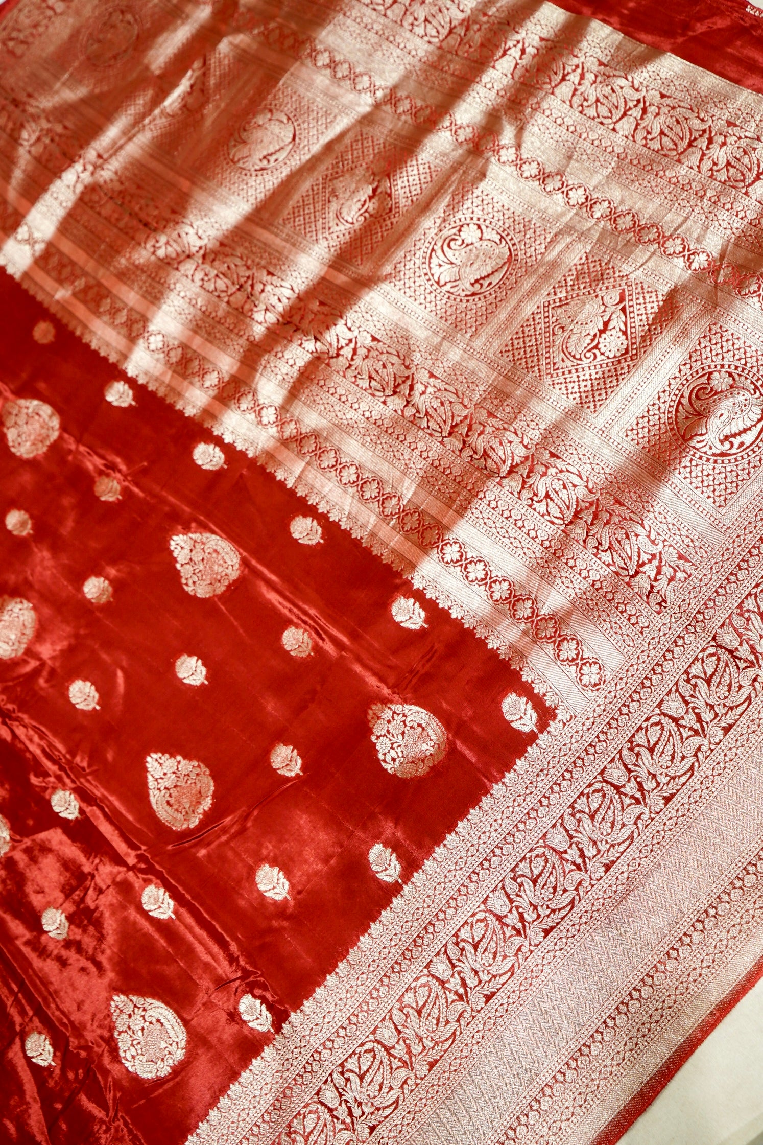 Crimson Red Mashru Silk Saree with Gold Zari Border