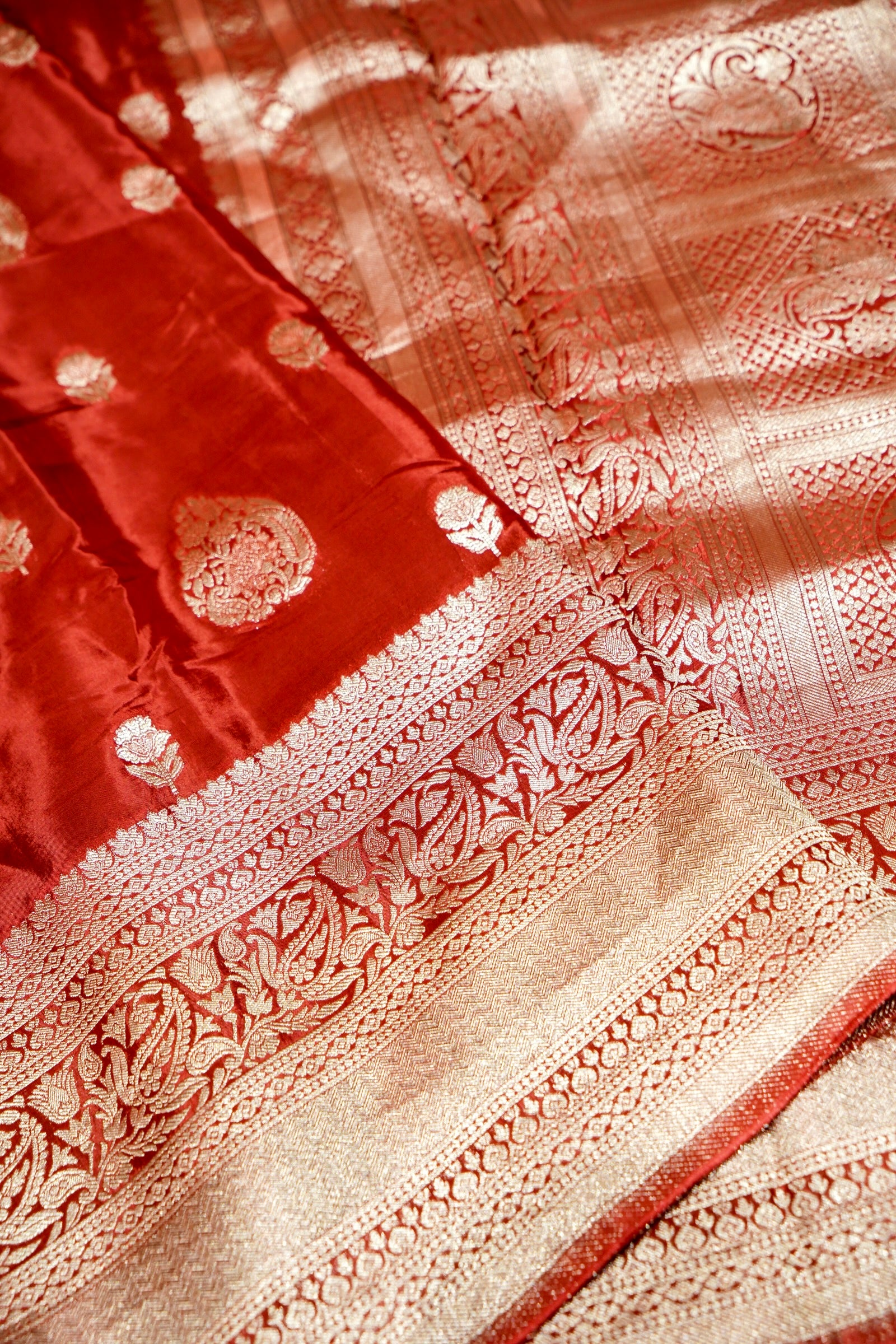 Crimson Red Mashru Silk Saree with Gold Zari Border