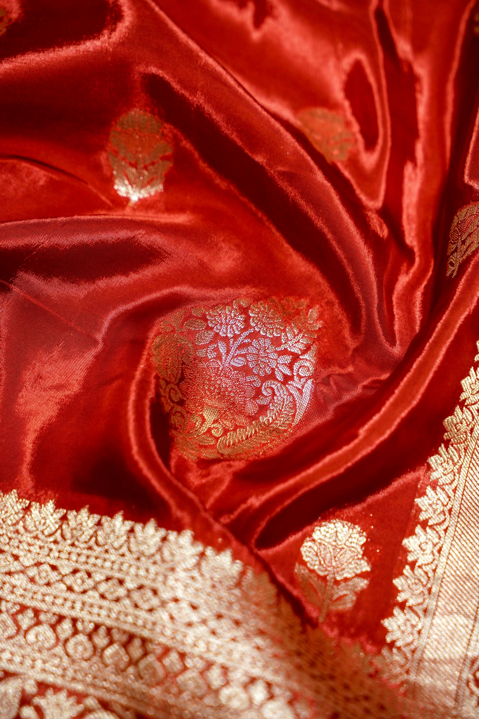Crimson Red Mashru Silk Saree with Gold Zari Border